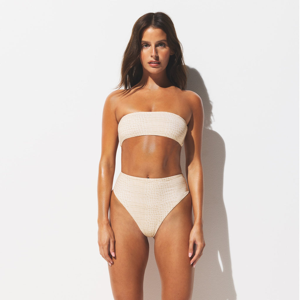SIGNATURE SWIM HIGH-WAISTED BIKINI BOTTOM | EGRET CROCODILE PRINT