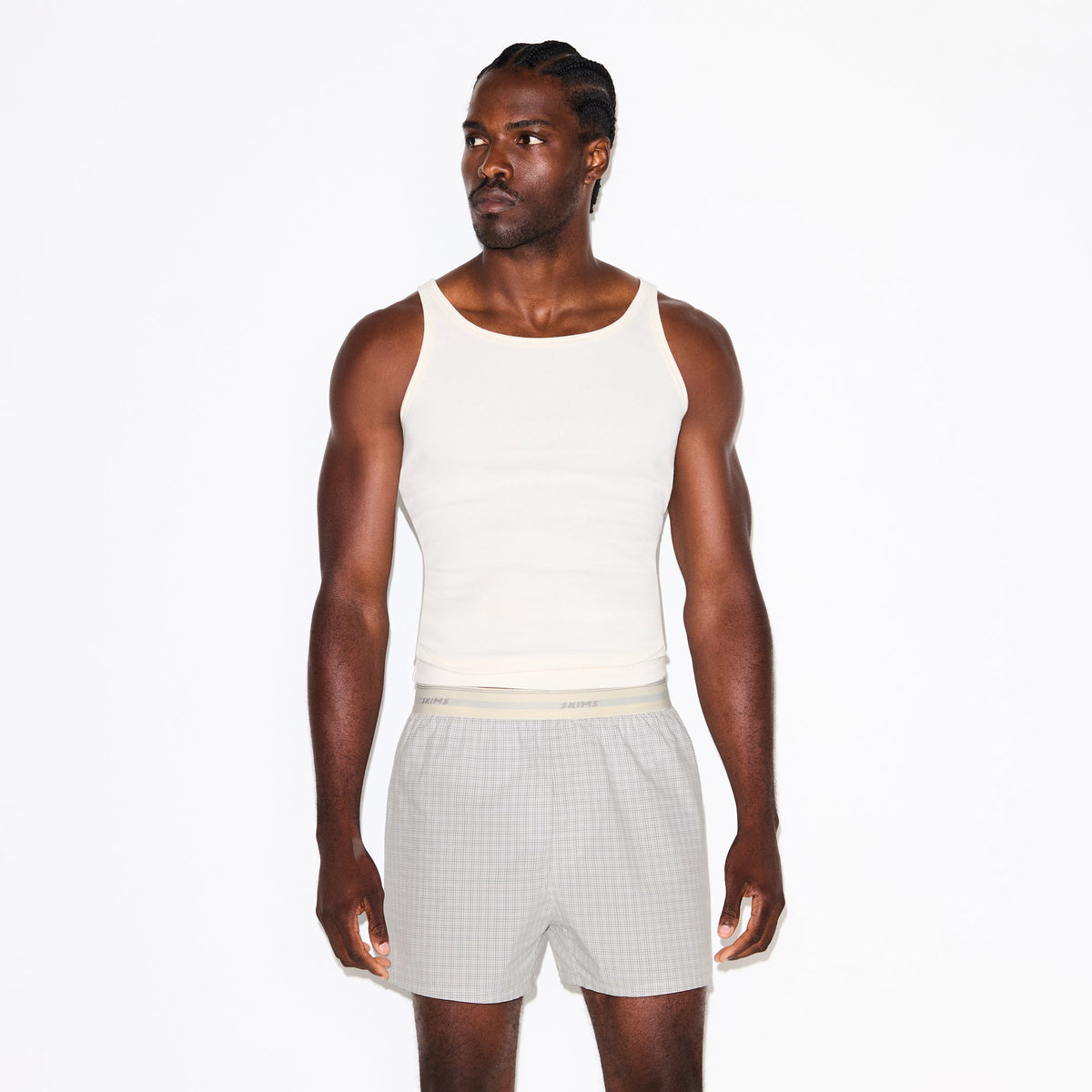 COTTON POPLIN MENS LOGO BAND BOXER | SILVER CHECK