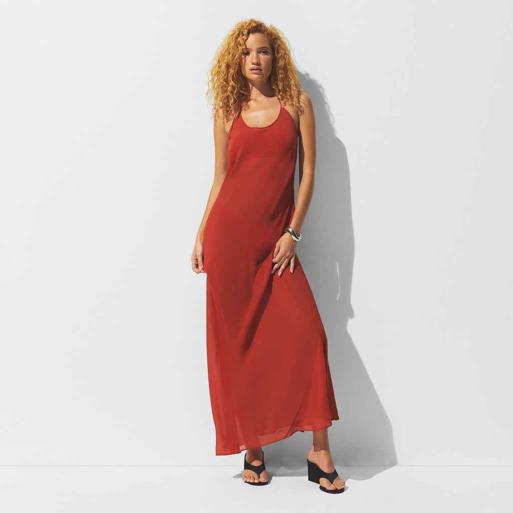 SHEER COVER-UPS LONG HALTER DRESS | AUBURN