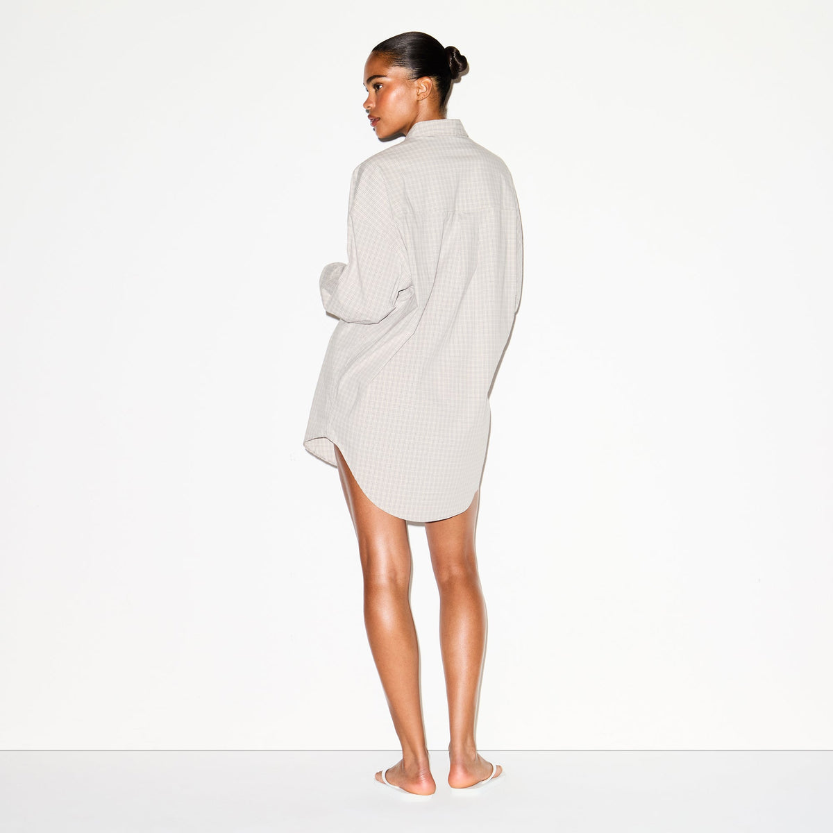 COTTON POPLIN SLEEP BUTTON UP DRESS | SILVER CHECK