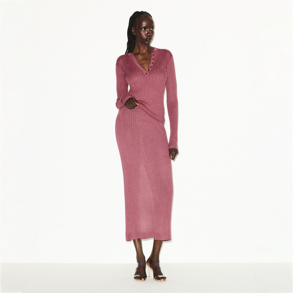 SHEER KNIT LONG SLEEVE HENLEY | BEET