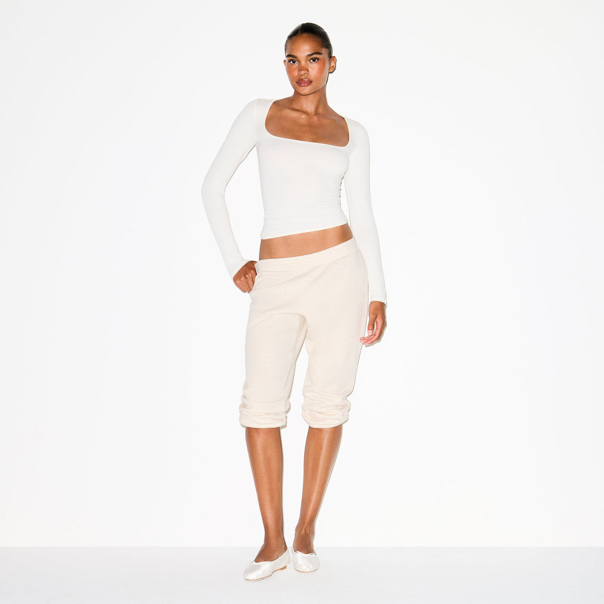 COTTON JERSEY SCOOP NECK LONG SLEEVE TOP | MARBLE