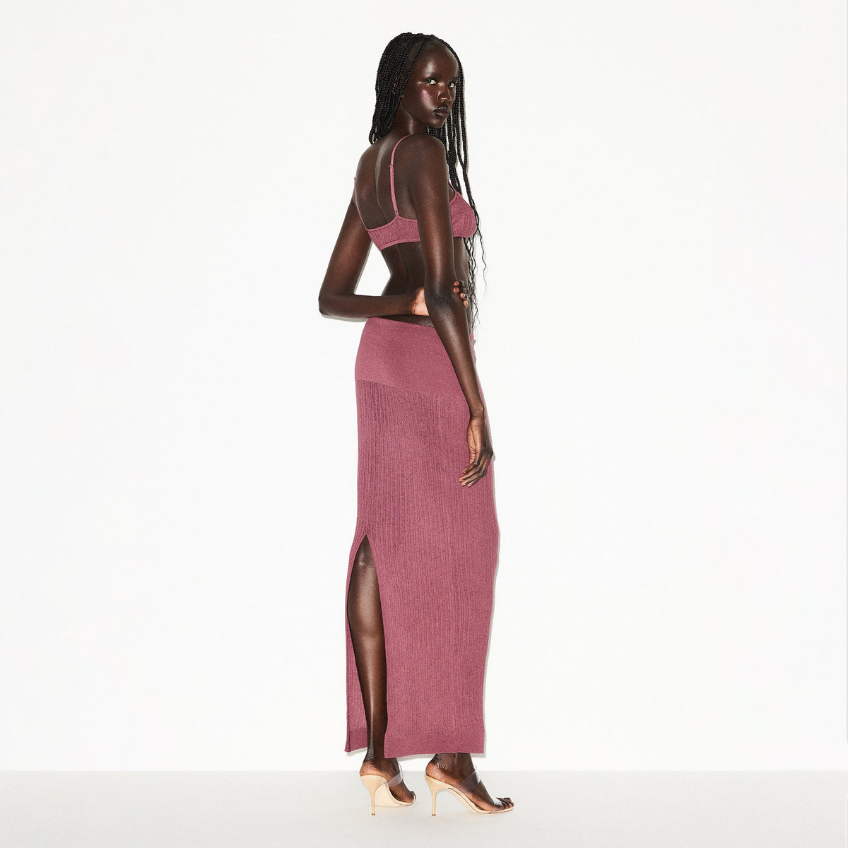 SHEER KNIT FOLDOVER LONG SKIRT | BEET