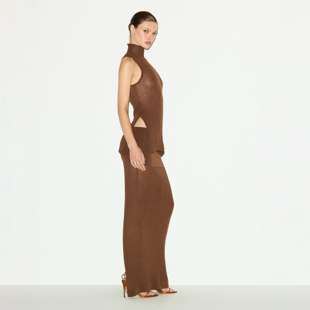 SHEER KNIT FOLDOVER LONG SKIRT | BISON