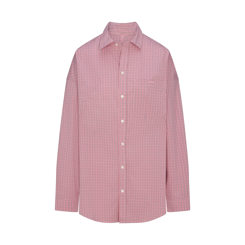 COTTON POPLIN SLEEP BUTTON UP DRESS | BERRY CHECK