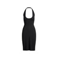 SMOOTH LAYERS PLUNGE HALTER MIDI DRESS | OBSIDIAN