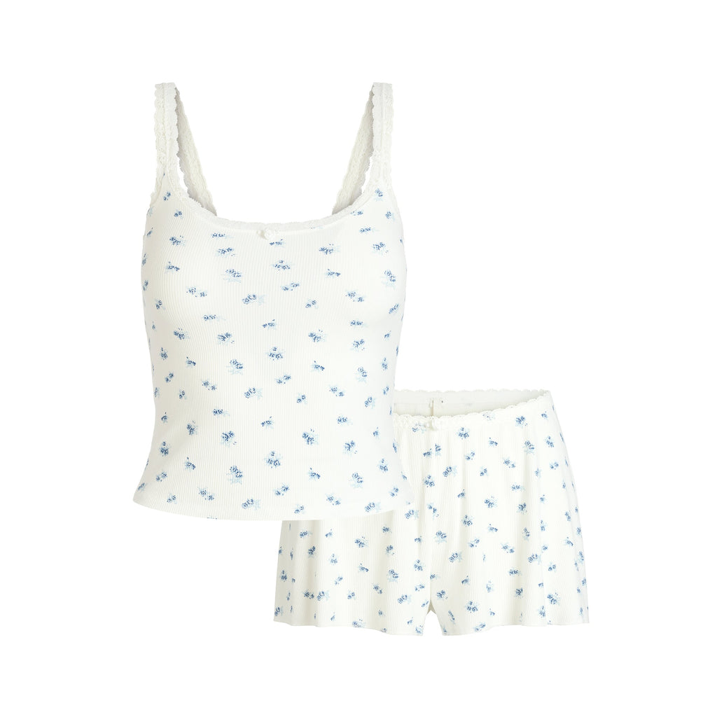 SOFT LOUNGE LACE CAMI AND SHORT SET | BLUE GARDEN PRINT