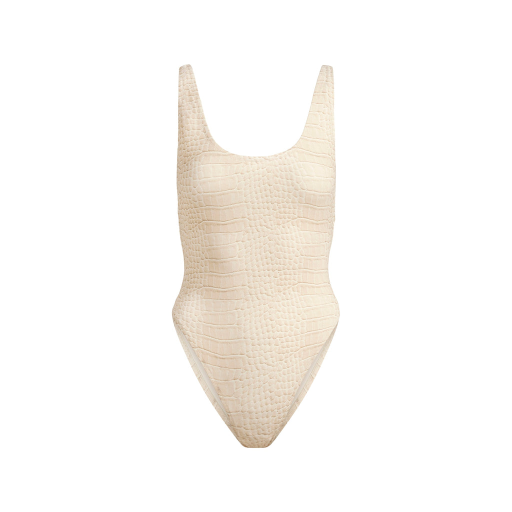SIGNATURE SWIM SCOOP NECK ONE PIECE | EGRET CROCODILE PRINT