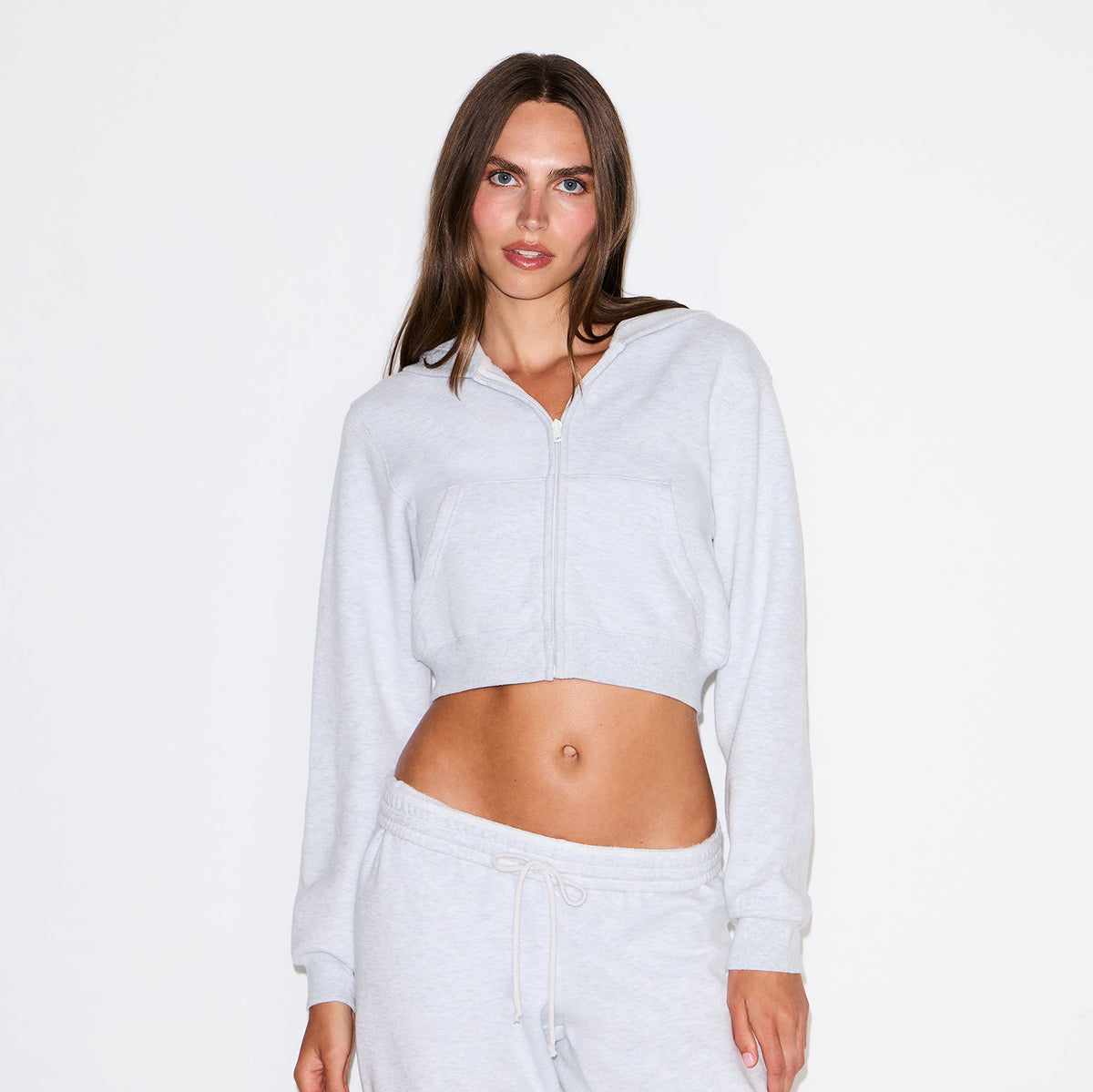 COTTON FLEECE CROPPED ZIP UP HOODIE | LIGHT HEATHER GREY